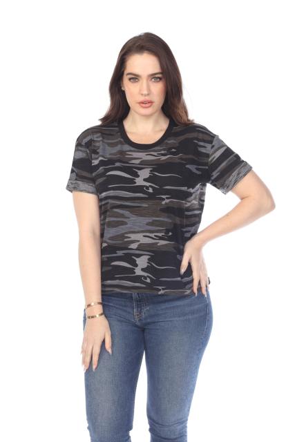 3216C Junior's Camo Print Rolled Cuff Short Sleeve Boxy Tee