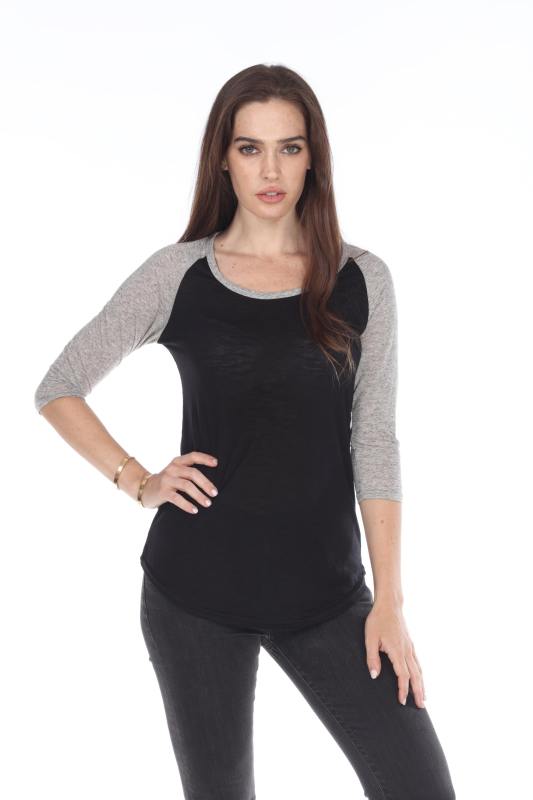 3454 Junior's Poly Rayon Slub Scoop Neck 3/4 Sleeve Raglan
