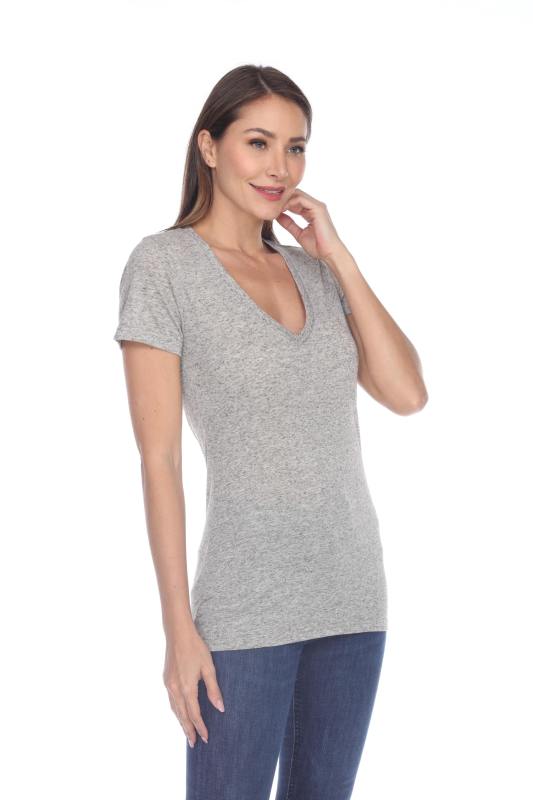 3803 Junior's Short Sleeve Poly Linen Deep V Neck Tee