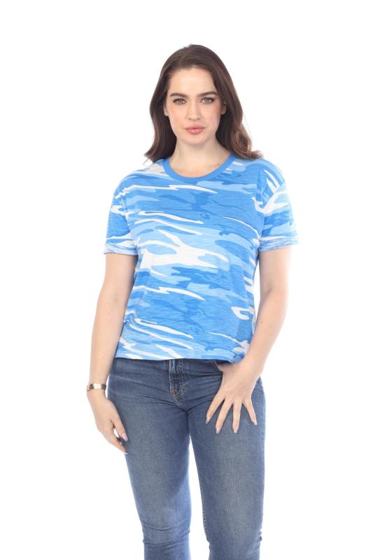 3216C Junior's Camo Print Rolled Cuff Short Sleeve Boxy Tee