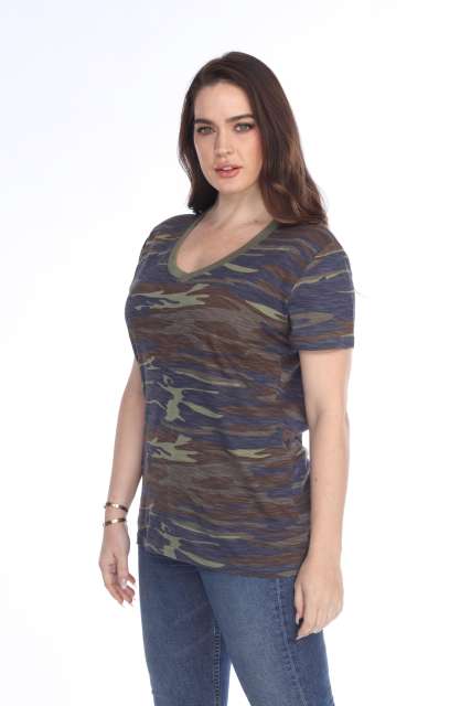 4003C Junior's Camo Print V-Neck Tee