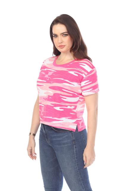 3216C Junior's Camo Print Rolled Cuff Short Sleeve Boxy Tee