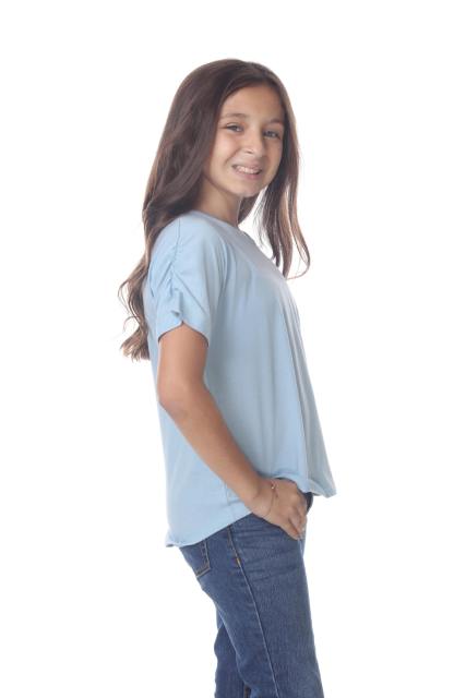 9018 Girls Elastic Shirred Sleeve Round Neck Tee
