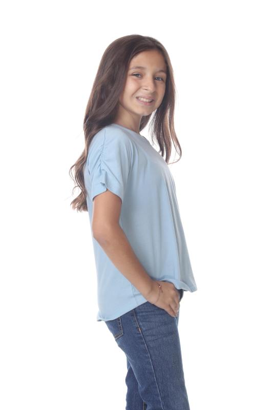 9018 Girls Elastic Shirred Sleeve Round Neck Tee