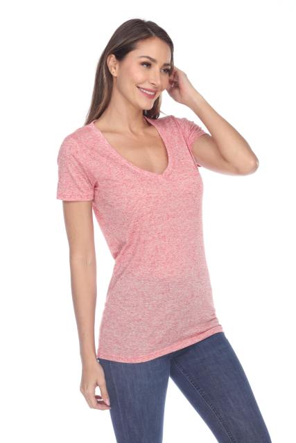 3803 Junior's Short Sleeve Poly Linen Deep V Neck Tee