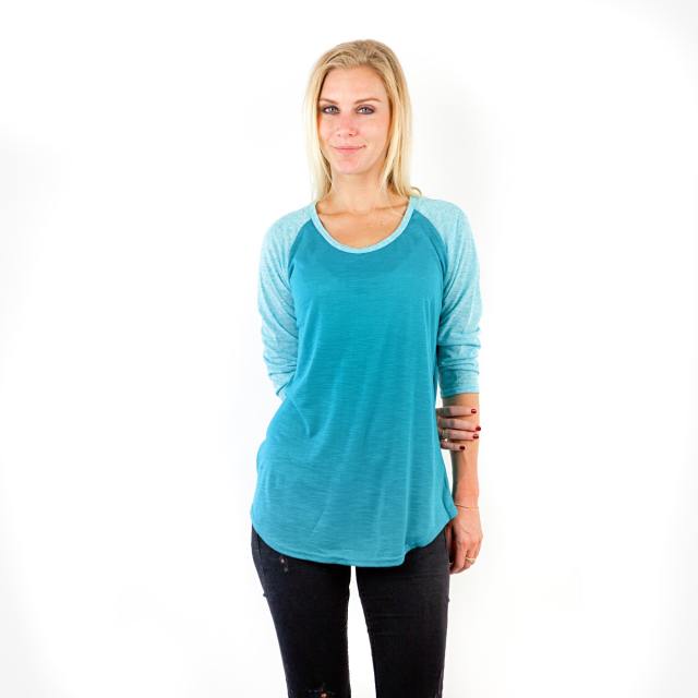 7454 LADIES POLY RAYON SLUB SCOOP NECK 3/4 SLEEVE RAGLAN
