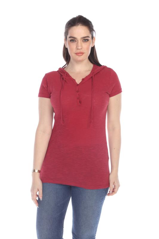 6051 Junior's Short Sleeve Cotton Slub Henley Hoodie