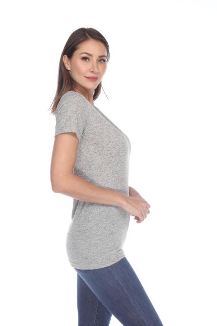 3803 Junior's Short Sleeve Poly Linen Deep V Neck Tee