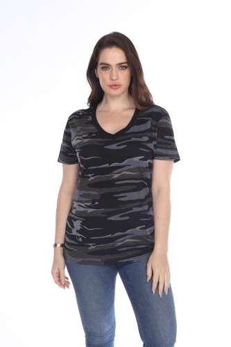 4003C Junior's Camo Print V-Neck Tee