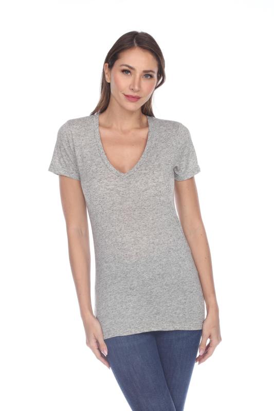 3803 Junior's Short Sleeve Poly Linen Deep V Neck Tee