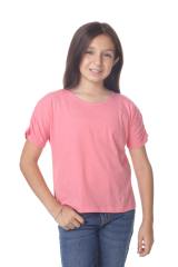 9018 Girls Elastic Shirred Sleeve Round Neck Tee
