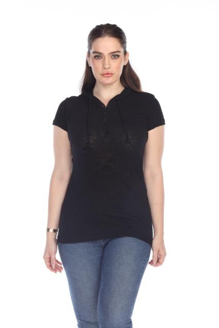 6051 Junior's Short Sleeve Cotton Slub Henley Hoodie