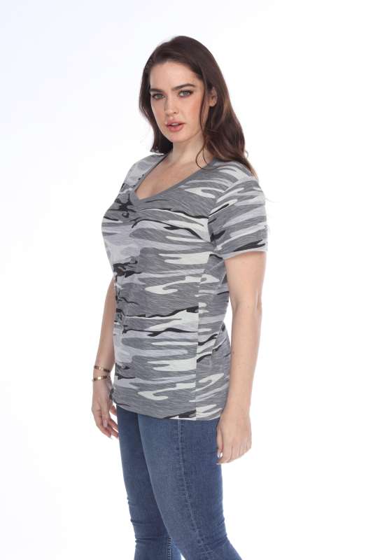 4003C Junior's Camo Print V-Neck Tee