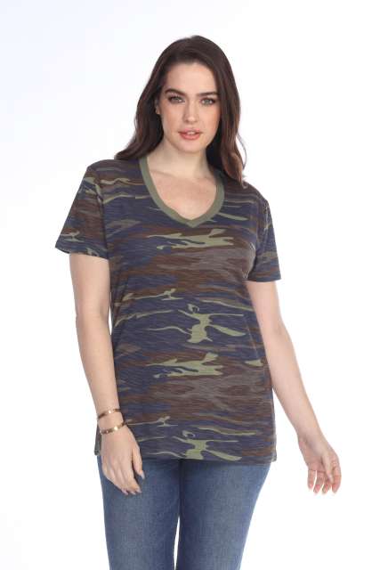 4003C Junior's Camo Print V-Neck Tee
