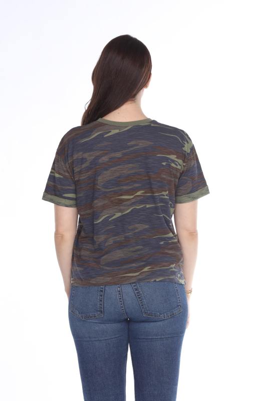 3216C Junior's Camo Print Rolled Cuff Short Sleeve Boxy Tee