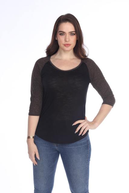 3454 Junior's Poly Rayon Slub Scoop Neck 3/4 Sleeve Raglan