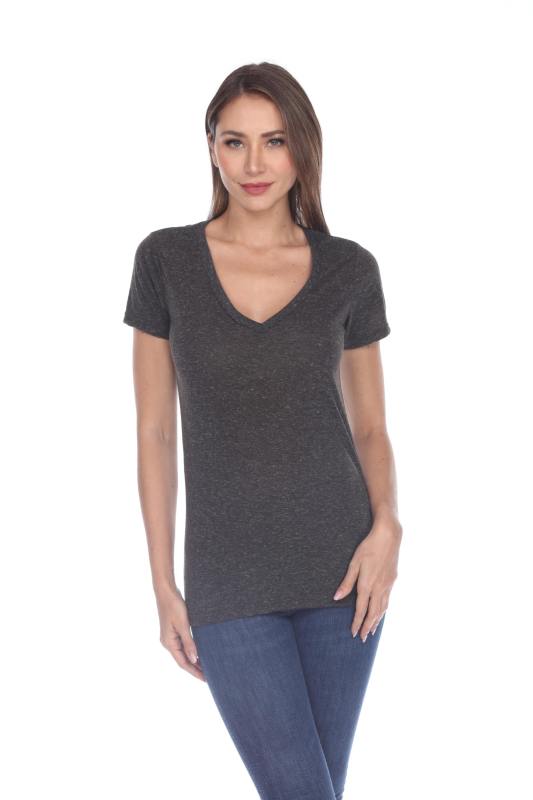 3803 Junior's Short Sleeve Poly Linen Deep V Neck Tee