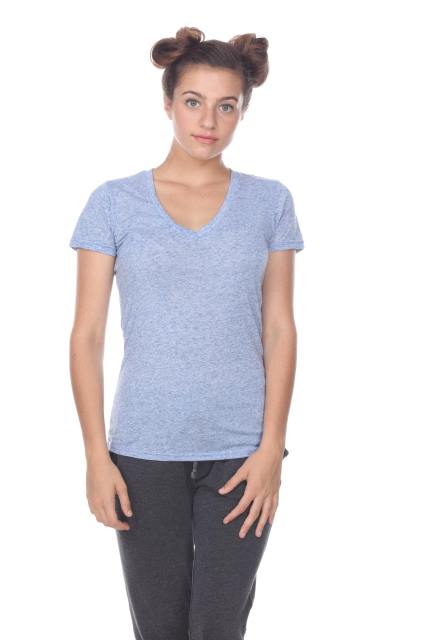 3803 Junior's Short Sleeve Poly Linen Deep V Neck Tee