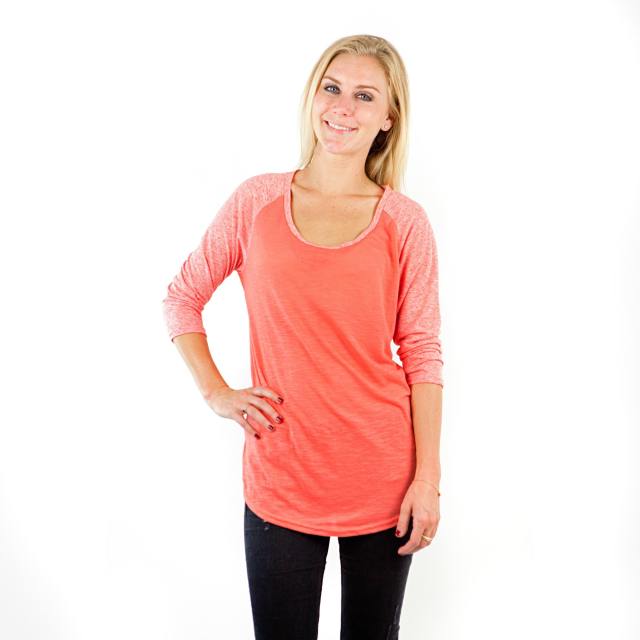 7454 LADIES POLY RAYON SLUB SCOOP NECK 3/4 SLEEVE RAGLAN