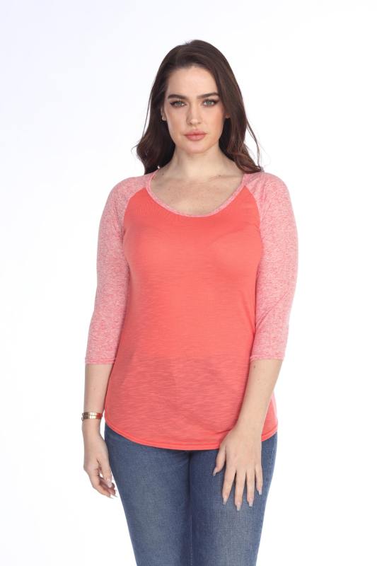 3454 Junior's Poly Rayon Slub Scoop Neck 3/4 Sleeve Raglan
