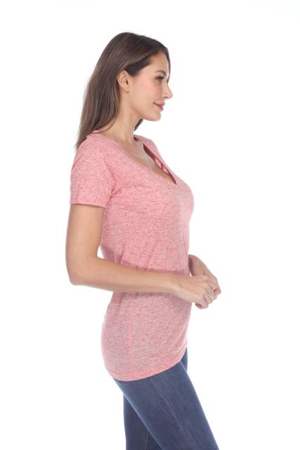 3803 Junior's Short Sleeve Poly Linen Deep V Neck Tee