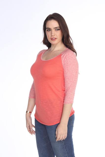 3454 Junior's Poly Rayon Slub Scoop Neck 3/4 Sleeve Raglan