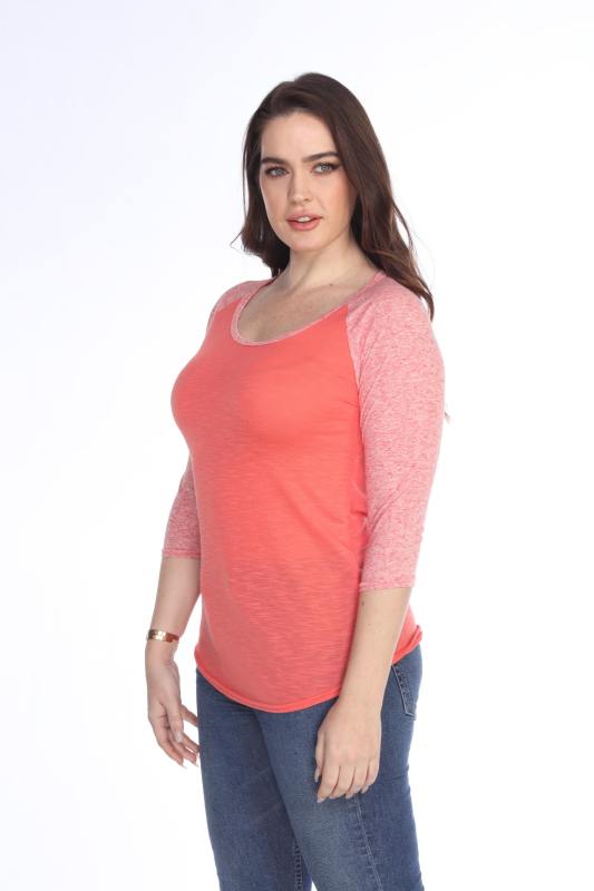 3454 Junior's Poly Rayon Slub Scoop Neck 3/4 Sleeve Raglan