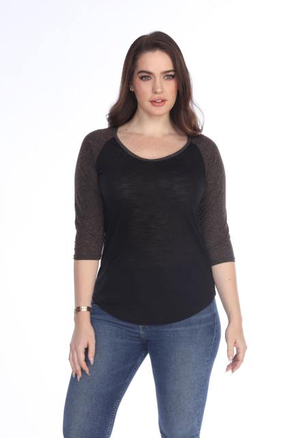 3454 Junior's Poly Rayon Slub Scoop Neck 3/4 Sleeve Raglan