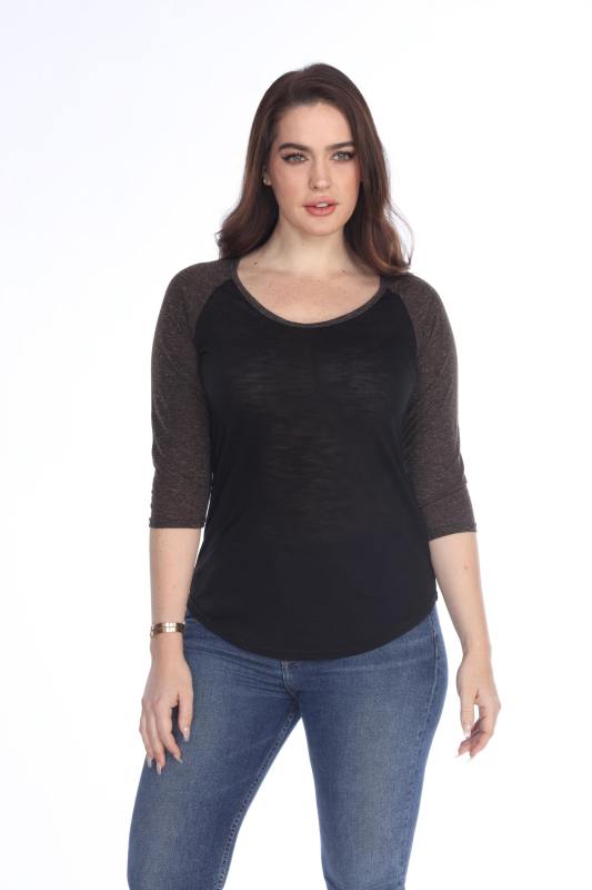 3454 Junior's Poly Rayon Slub Scoop Neck 3/4 Sleeve Raglan