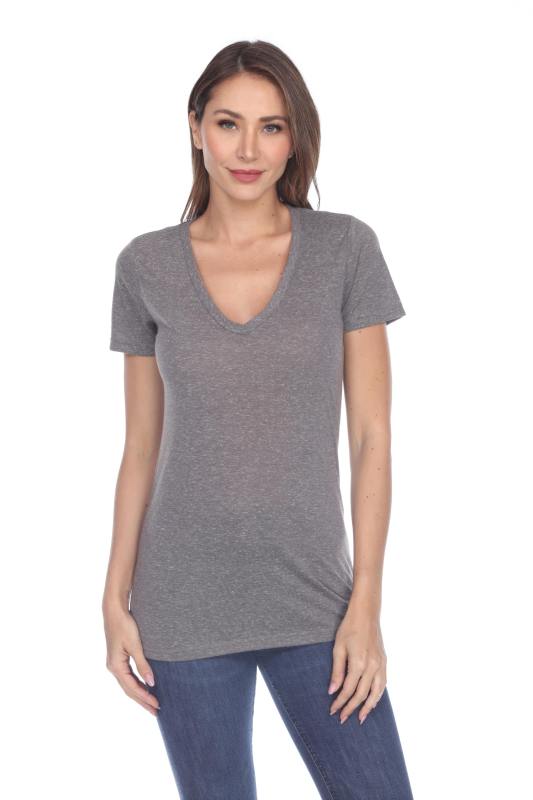 3803 Junior's Short Sleeve Poly Linen Deep V Neck Tee