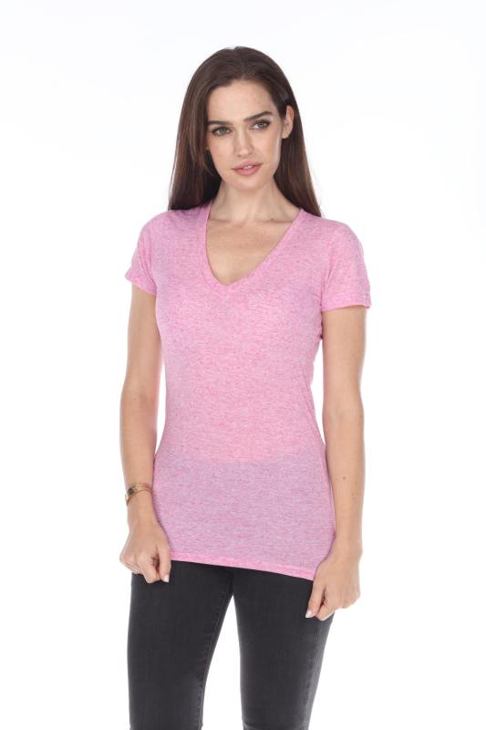 3803 Junior's Short Sleeve Poly Linen Deep V Neck Tee