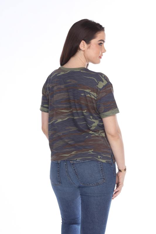 3216C Junior's Camo Print Rolled Cuff Short Sleeve Boxy Tee