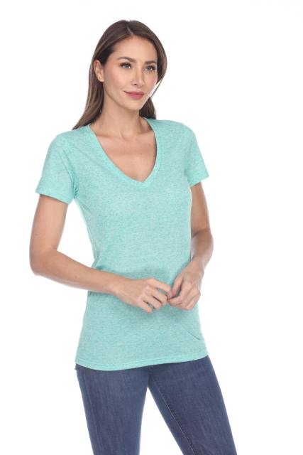 3803 Junior's Short Sleeve Poly Linen Deep V Neck Tee