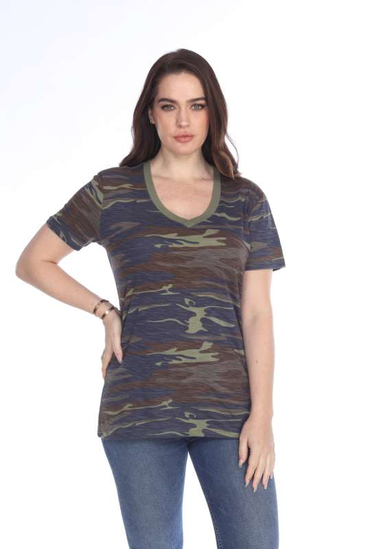 4003C Junior's Camo Print V-Neck Tee