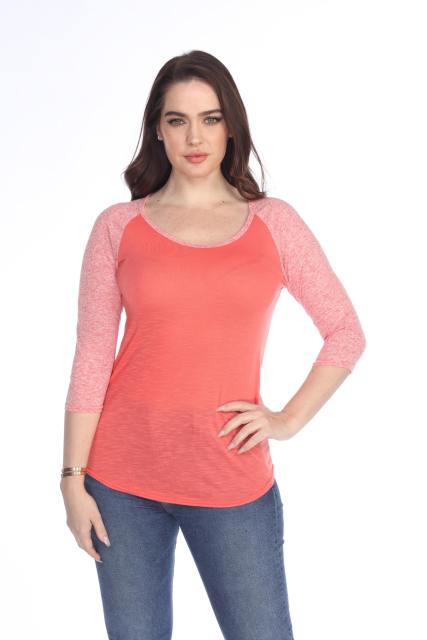 3454 Junior's Poly Rayon Slub Scoop Neck 3/4 Sleeve Raglan