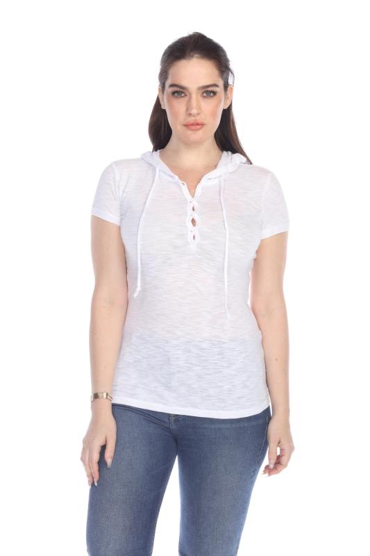 6051 Junior's Short Sleeve Cotton Slub Henley Hoodie