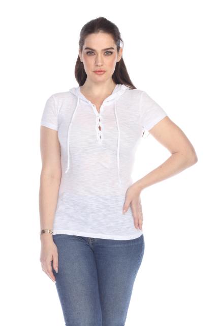 6051 Junior's Short Sleeve Cotton Slub Henley Hoodie
