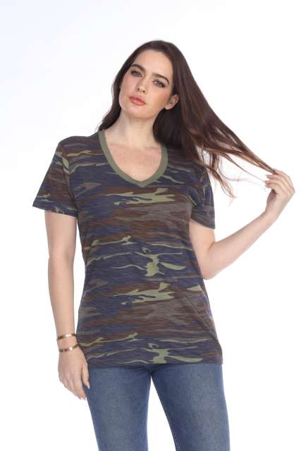 4003C Junior's Camo Print V-Neck Tee