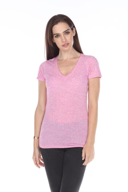 3803 Junior's Short Sleeve Poly Linen Deep V Neck Tee