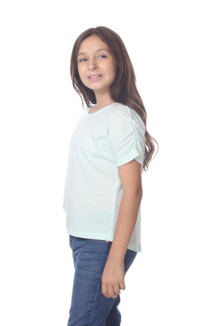 9018 Girls Elastic Shirred Sleeve Round Neck Tee