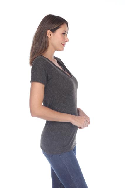 3803 Junior's Short Sleeve Poly Linen Deep V Neck Tee