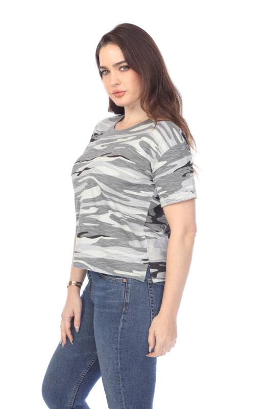 3216C Junior's Camo Print Rolled Cuff Short Sleeve Boxy Tee