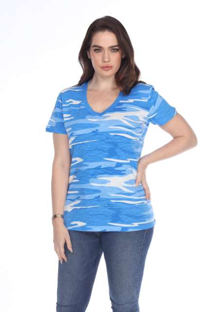 4003C Junior's Camo Print V-Neck Tee