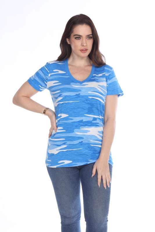 4003C Junior's Camo Print V-Neck Tee