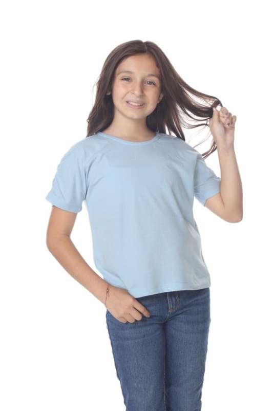 9018 Girls Elastic Shirred Sleeve Round Neck Tee