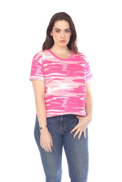 3216C Junior's Camo Print Rolled Cuff Short Sleeve Boxy Tee