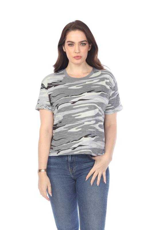 3216C Junior's Camo Print Rolled Cuff Short Sleeve Boxy Tee