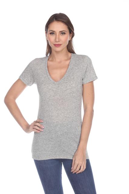3803 Junior's Short Sleeve Poly Linen Deep V Neck Tee