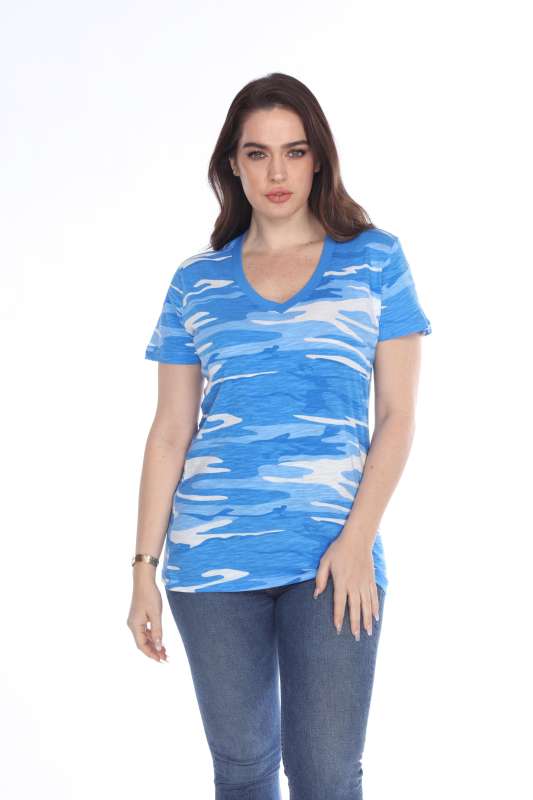 4003C Junior's Camo Print V-Neck Tee