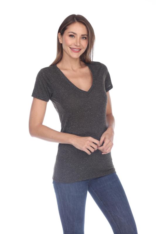 3803 Junior's Short Sleeve Poly Linen Deep V Neck Tee